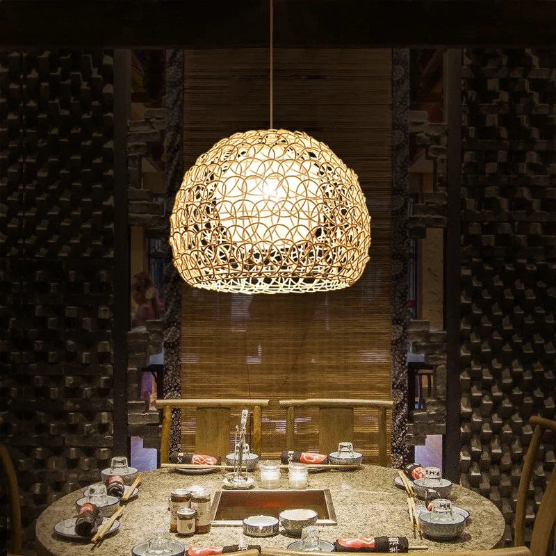 lustre en rotin tissé à la main style chinois moderne - vue 5 sur 14