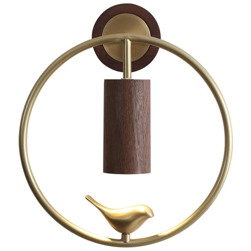 Walnut Wood Circle Brass bird, Wabi-sabi Modern style, Wall Sconce light for Bedroom, Bedside, Living, Recreation, Study - vue 7 sur 8