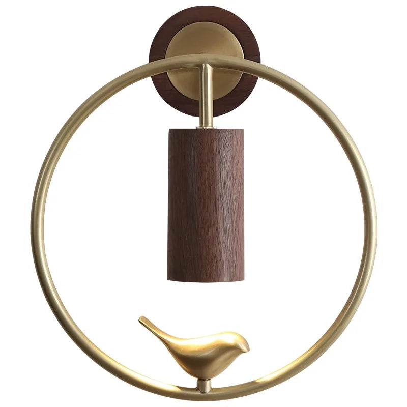 Walnut Wood Circle Brass bird, Wabi-sabi Modern style, Wall Sconce light for Bedroom, Bedside, Living, Recreation, Study - vue 6 sur 8