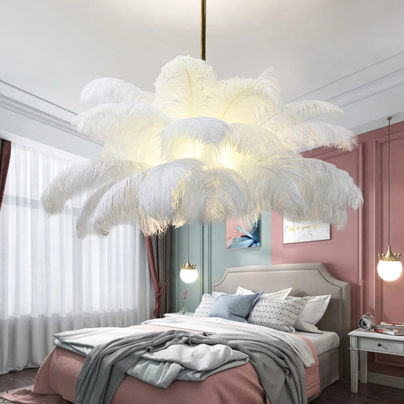 luminaire suspendu luxe plume d'autruche led style nordique - vue 4 sur 13