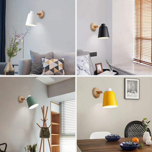 Applique murale en bois nordique chevet applique murale interrupteur applique murale moderne pour chambre macaron 6 couleur tête de direction E27 85-285V - vue 3 sur 20