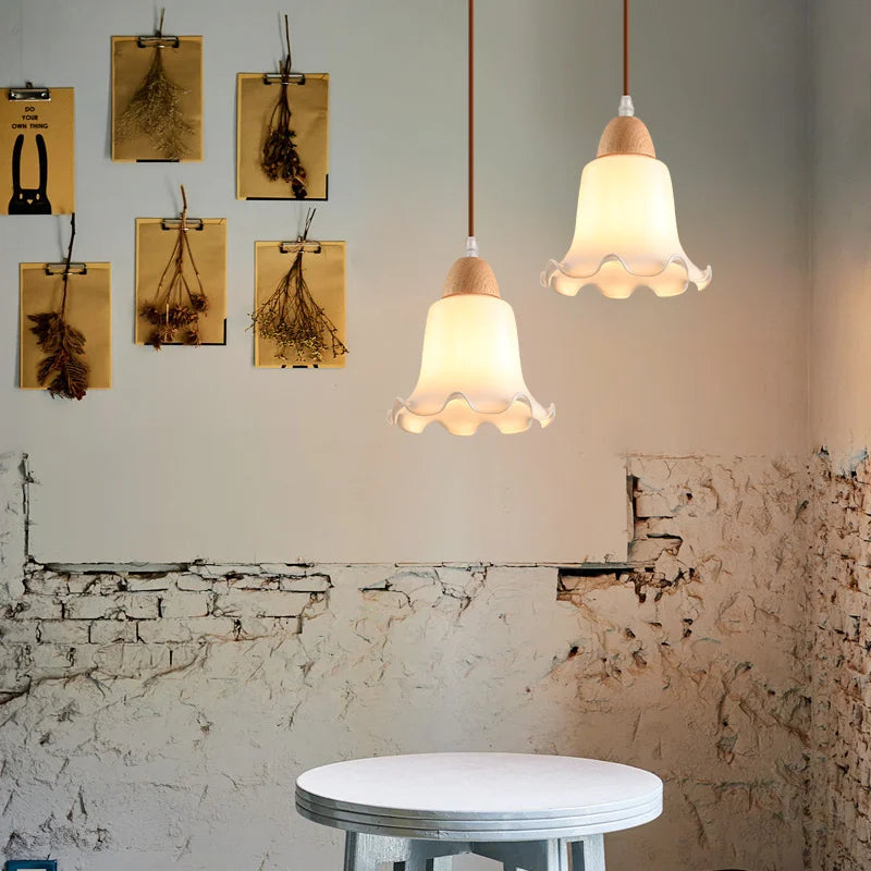 lustre nordique led suspendu moderne en bois et verre - vue 5 sur 13