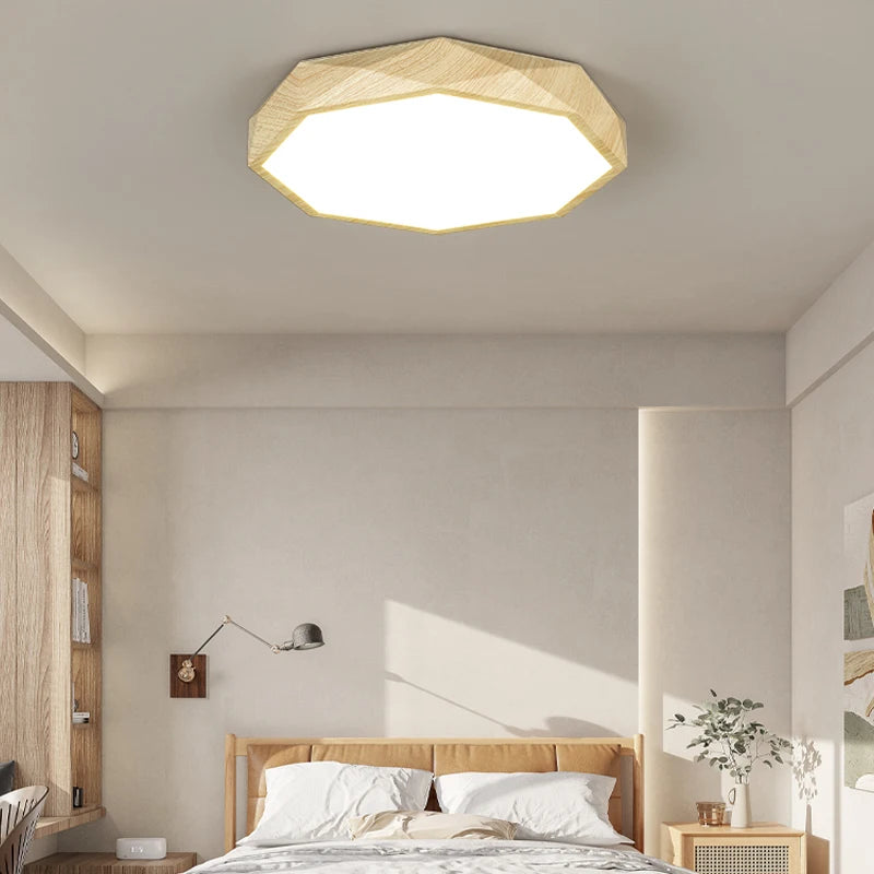 plafonnier led moderne en bois et métal design géométrique - vue 3 sur 14