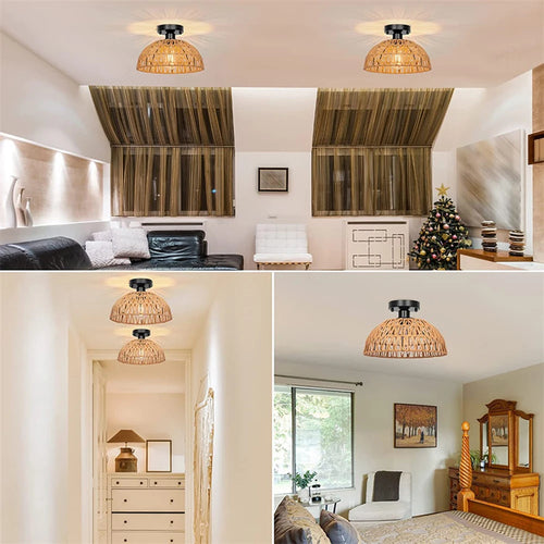 lustre de plafond en corde de chanvre fait main style industriel rétro - vue 2 sur 15