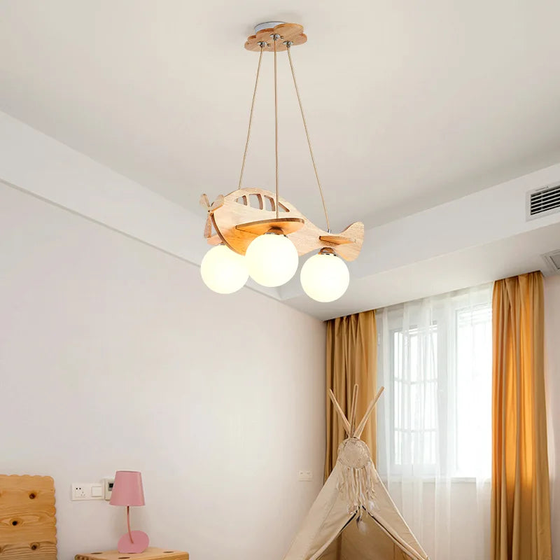 lustre avion en bois led pour chambre d'enfant moderne - vue 6 sur 7