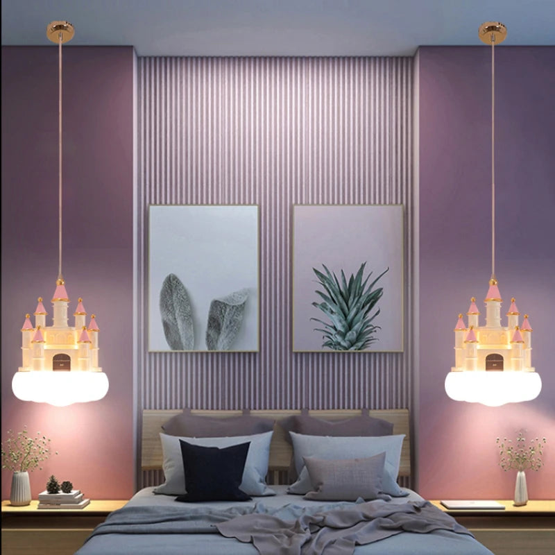 SANDYHA Lustre Chambre de Fille Château Rose Suspension Nuage Chambre d'enfant Décoration de la Maison Chevet LED Luminaire Suspendu - vue 3 sur 8