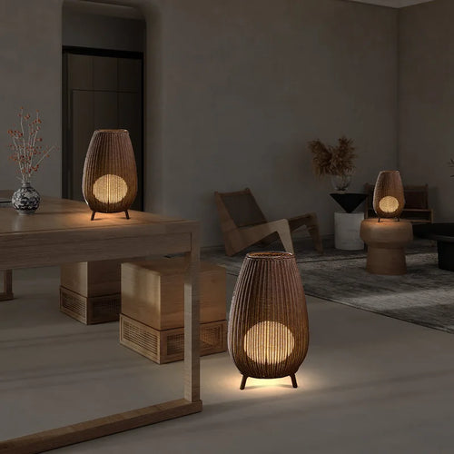 Lampadaire style asiatique en rotin naturel - vue 3 sur 12