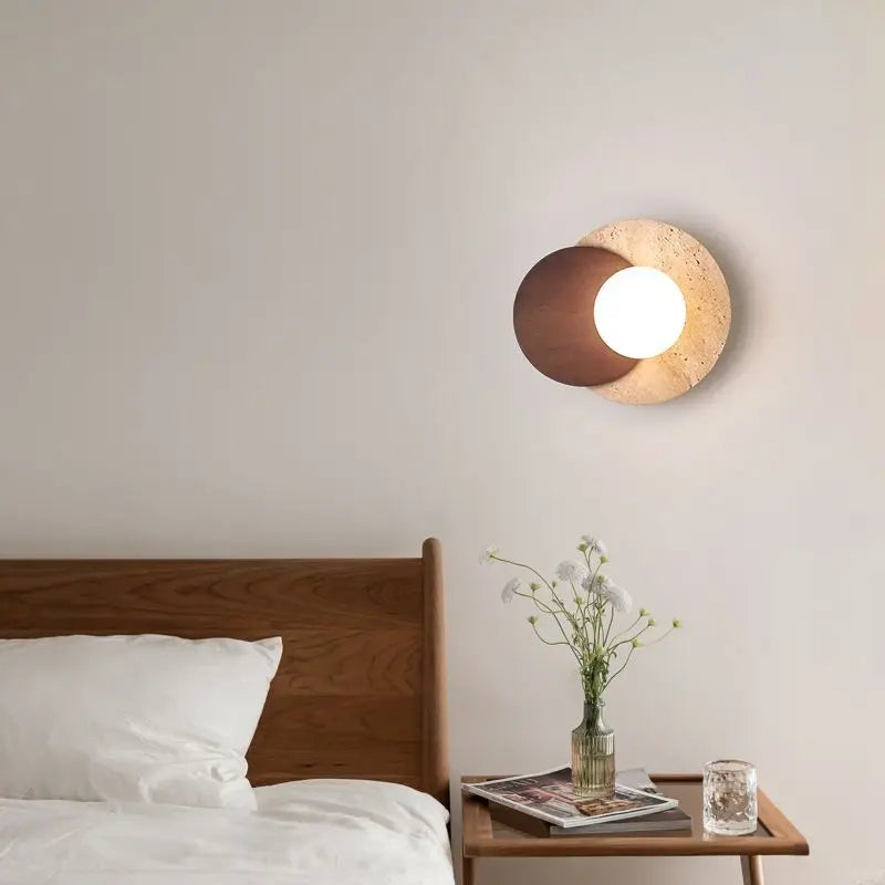 Japanese style Wabi-sabi Round Wall Lamps for Living Room Bedside Aisle Stair Entrance Decor Yellow Cave Stone Solid Wood Light - vue 3 sur 8