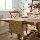 Chemin de table géométrique beige noir à pompons