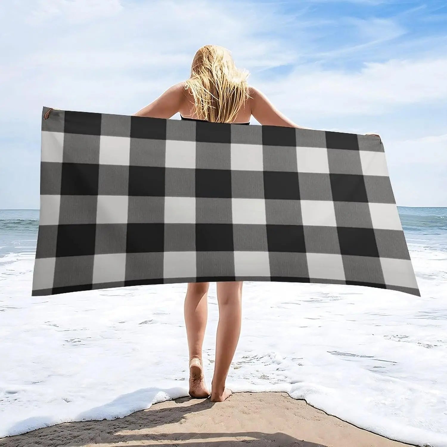 serviette de plage carreaux style leger anti sable - vue 6 sur 6