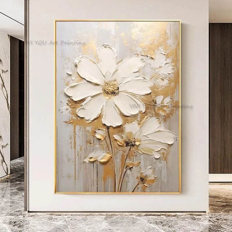 Tableau peinture à l'huile épaisse fleurs blanches abstraites décoration murale luxe - vue 7 sur 11