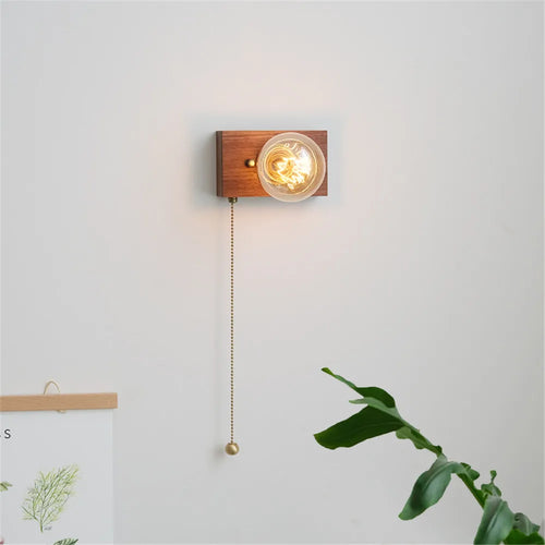 applique murale vintage en noyer avec interrupteur à tirette - vue 2 sur 14