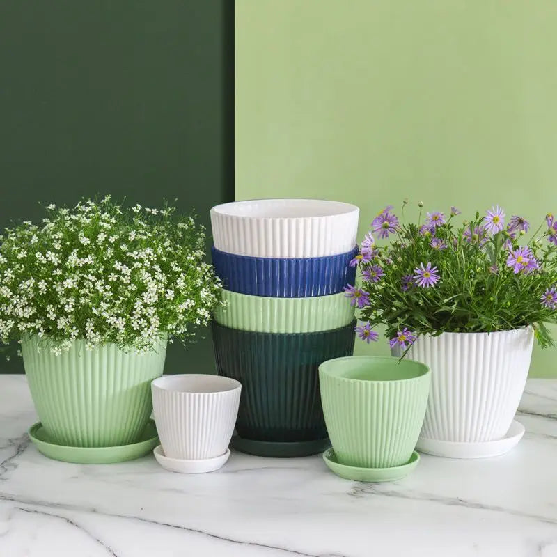 pot de fleurs rond pour succulentes avec plateau décoratif extérieur - vue 5 sur 10