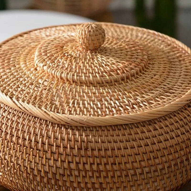 Panier boîtes rondes en rotin avec couvercle pour rangement polyvalent - vue 4 sur 6