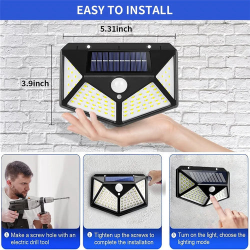 applique solaire extérieure étanche avec capteur de mouvement 100 led - vue 2 sur 8