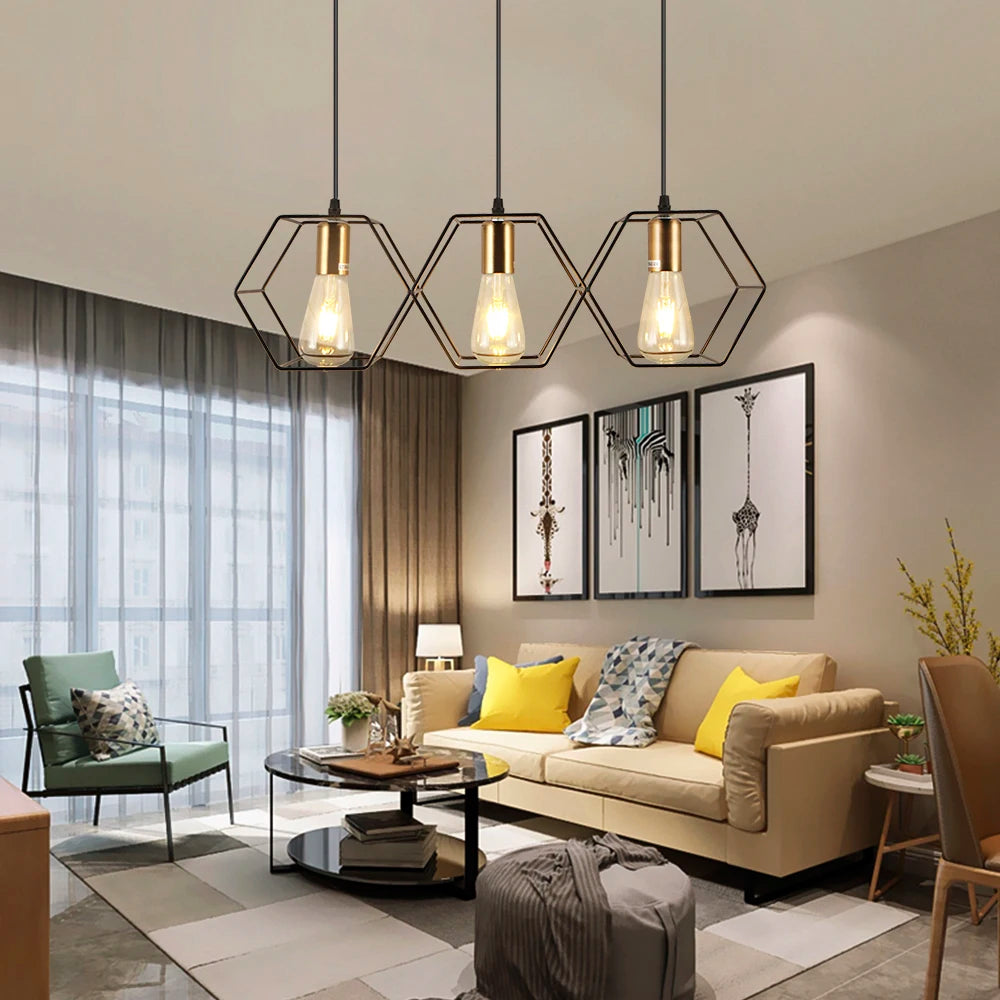 Loft Industrial Style Hexagonal Iron Art Dining Room Chandelier Retro Living Room Bedroom Lamp Bar Edison Creative Lamps - vue 5 sur 16