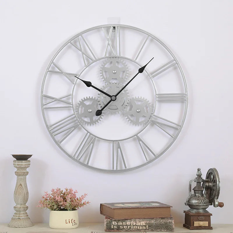 horloge murale rétro 3D luxe grand engrenage décorative artisanale - vue 3 sur 7