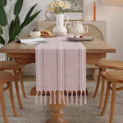 Chemin de table bohème coton lin pompons tissés