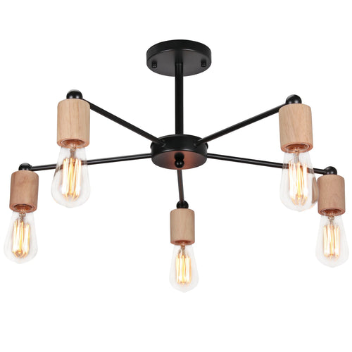 lustre industriel moderne avec tiges multiples en fer et bois - vue 13 sur 16