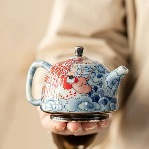 Théière chinoise porcelaine décor sous couverte infuseur - vue 3 sur 7