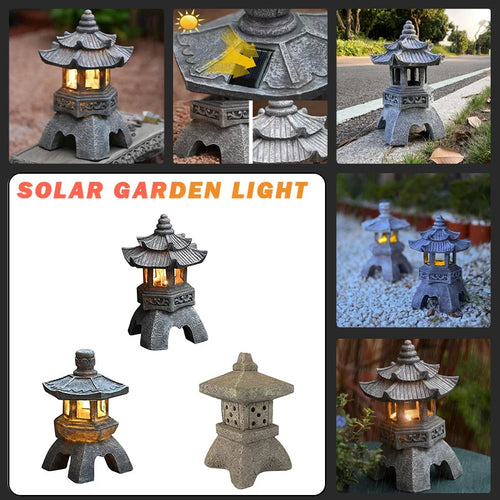 sculpture de jardin lampe solaire en résine design japonais étanche - vue 7 sur 9