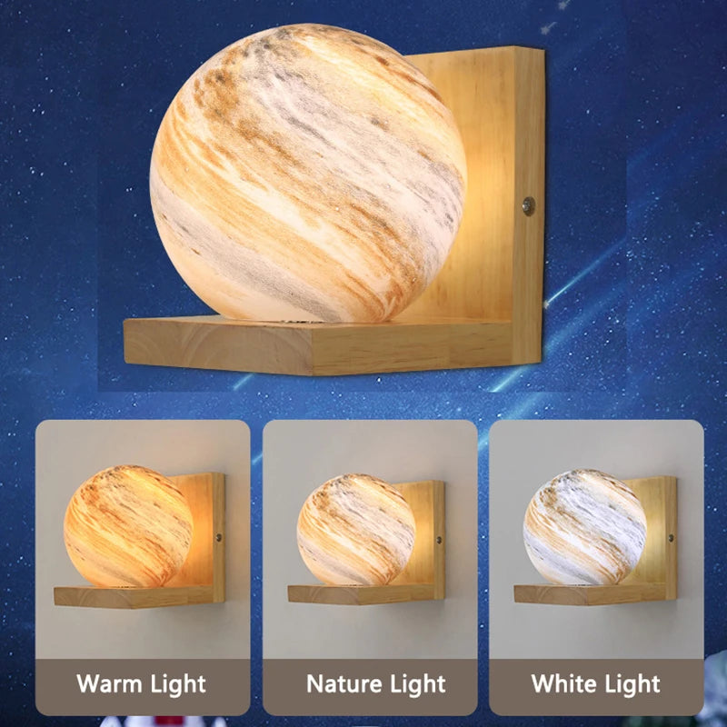 applique murale moderne en bois avec abat-jour planète led - vue 5 sur 8