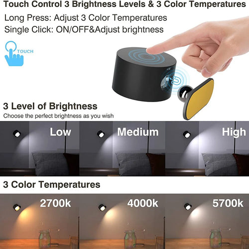 applique murale led rechargeable usb rotation 360° boule magnétique dimmable tactile - vue 3 sur 9