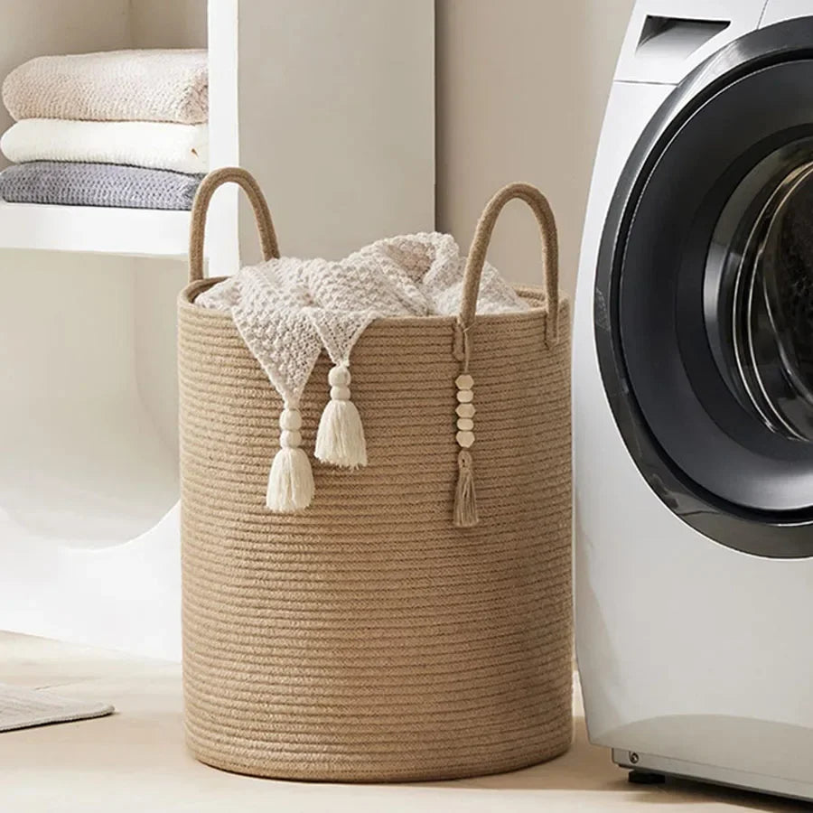 grand panier de rangement tissé avec poignées en coton pliable - vue 3 sur 9