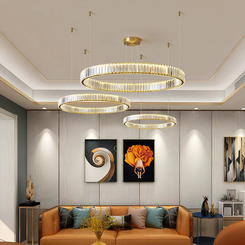 lustre moderne en cristal rond à led avec intensité variable - vue 5 sur 16