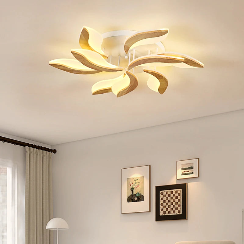 lustre moderne en bois avec luminaires en acrylique à LED
