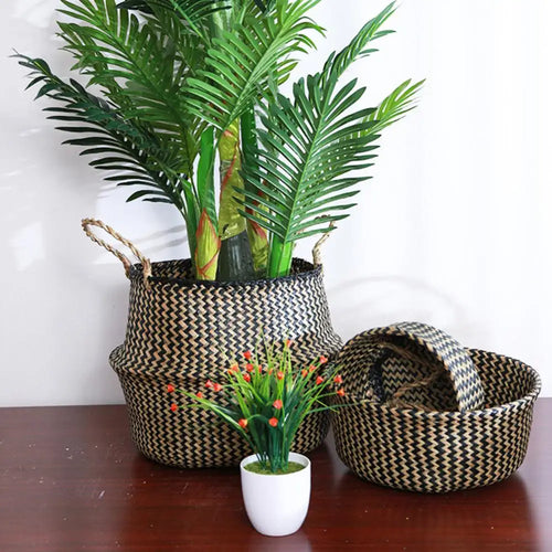 panier de rangement en paille avec poignée pliable pour fleurs et linge - vue 5 sur 8