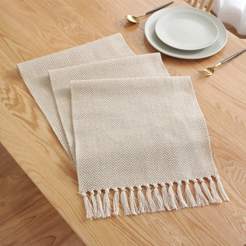 Chemin de table lin rustique brodé beige campagne