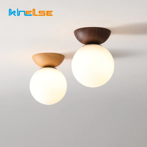 plafonnier led noyer nordique grain de bois boule ronde abat-jour en verre - vue 2 sur 10