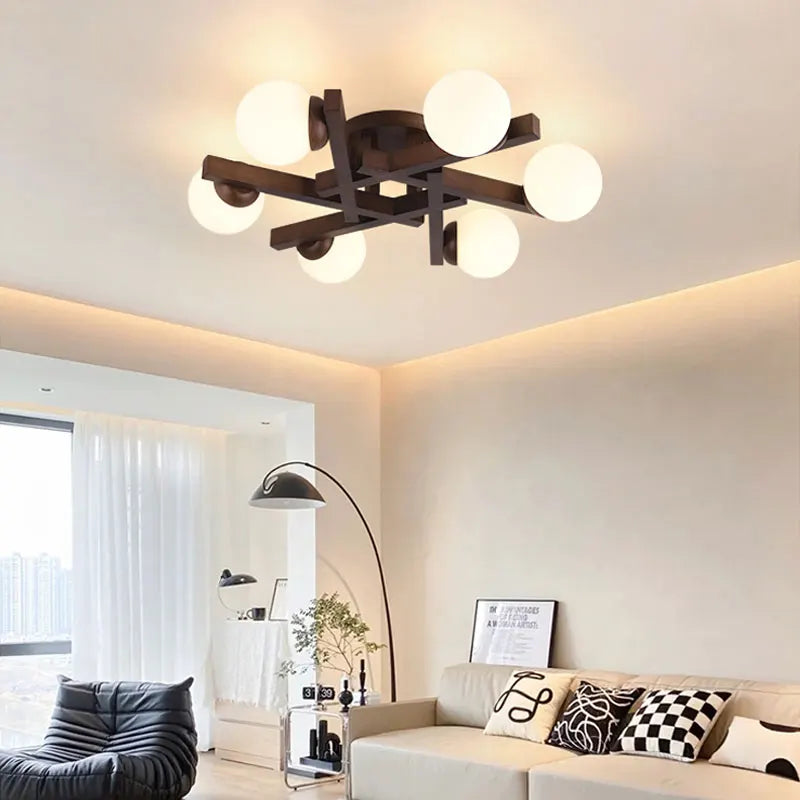 plafonnier en bois et verre laiteux design nordique pour décoration intérieure - vue 4 sur 13