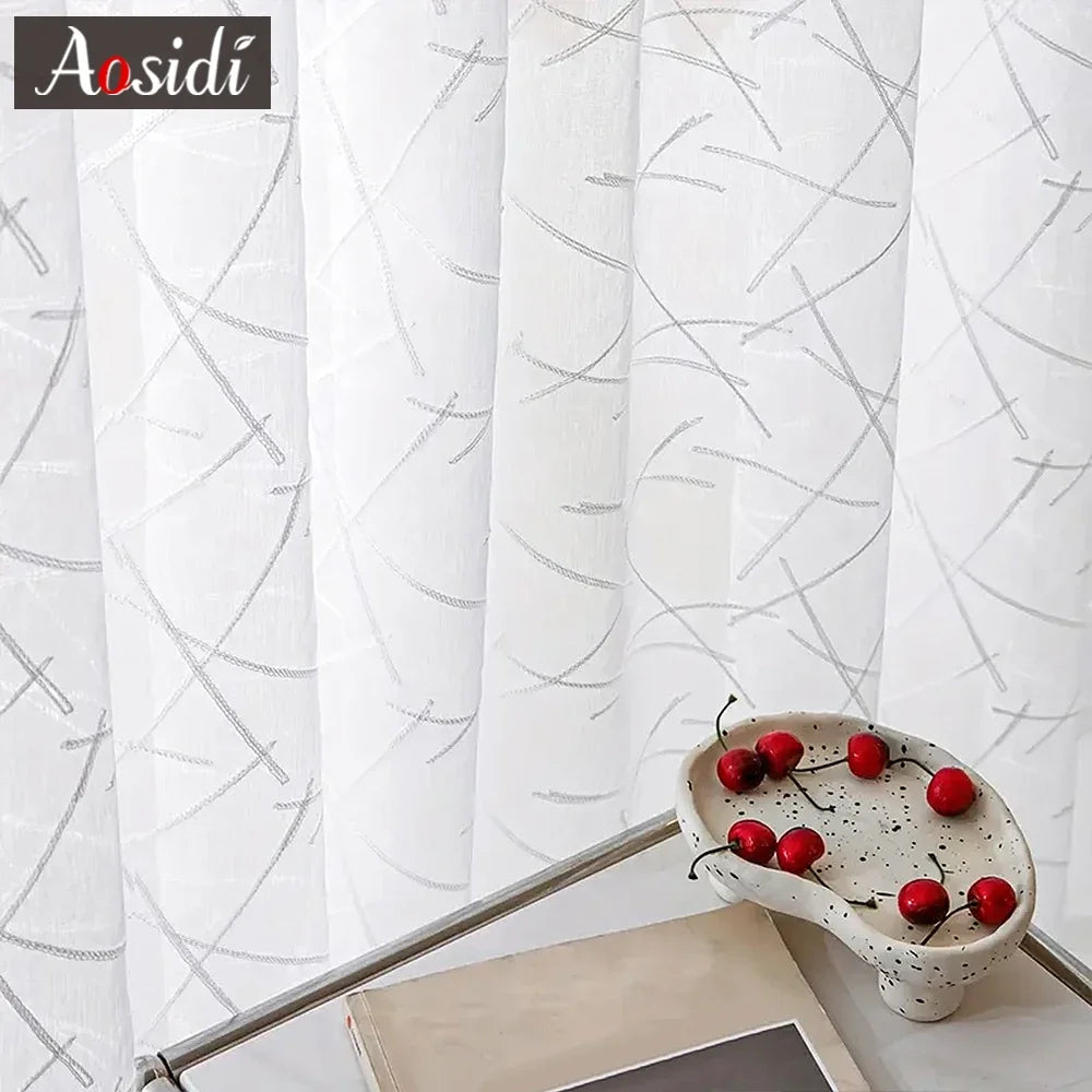 Voilage tulle brodé motifs géométriques rayés salon chambre - vue 1 sur 7