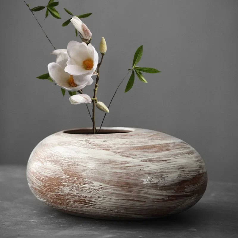 vase en terre cuite japonais imitation pierre vintage pour fleurs - vue 3 sur 21