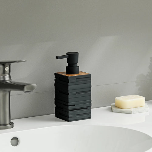 distributeur de savon noir mat avec décor en bois de teck grande capacité - vue 3 sur 6