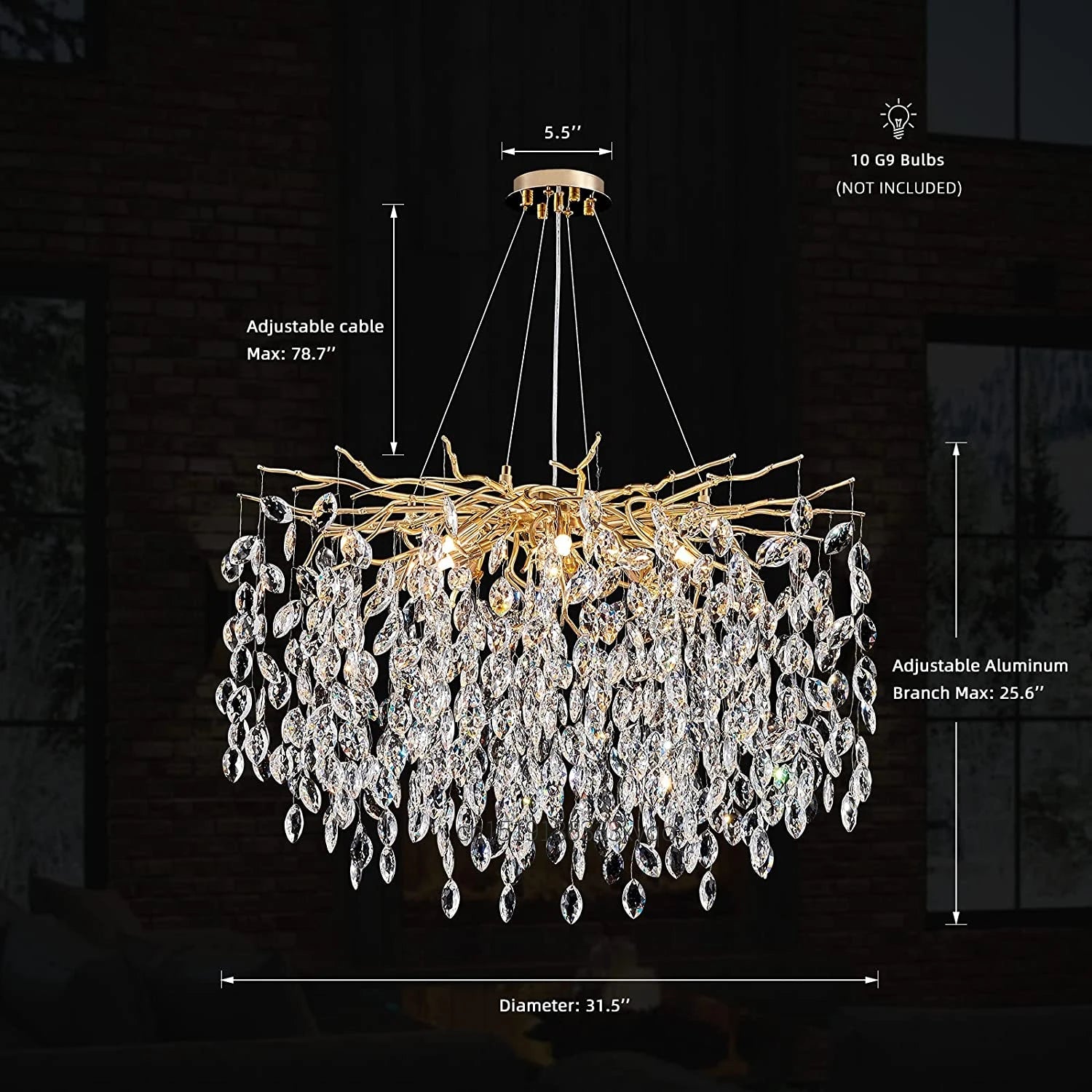 lustre en cristal de luxe avec branches led pour intérieur moderne - vue 12 sur 14