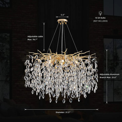 lustre en cristal de luxe avec branches led pour intérieur moderne - vue 13 sur 14