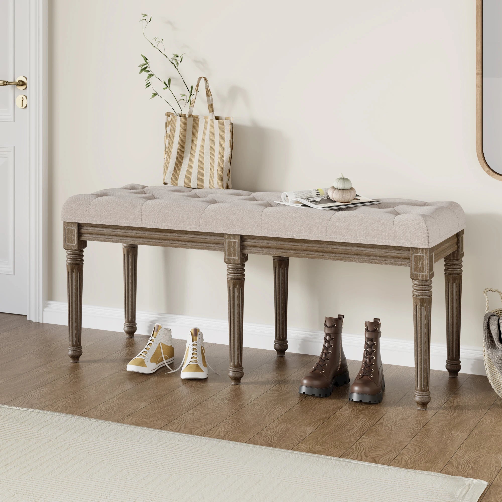 banc d'entrée capitonné en bois pour chaussures et rangement - vue 3 sur 8