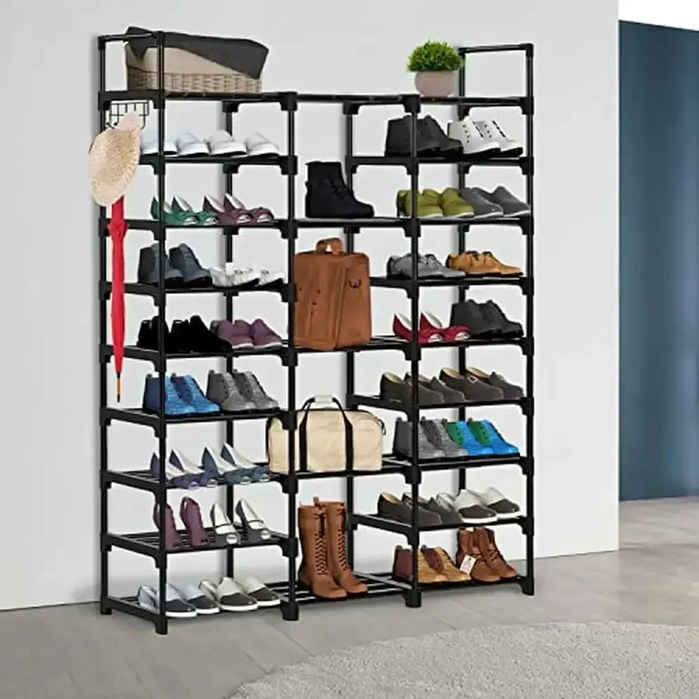 étagère à chaussures en métal double rangée avec crochets polyvalente - vue 4 sur 9