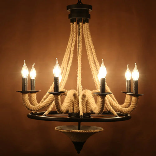 Loft américain lustre en bois nostalgique Restaurant salon Bar Internet café lumière lampe industrielle corde de chanvre suspension - vue 2 sur 7