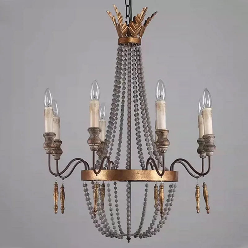 suspension rétro française en perles de bois style nordique - vue 3 sur 7