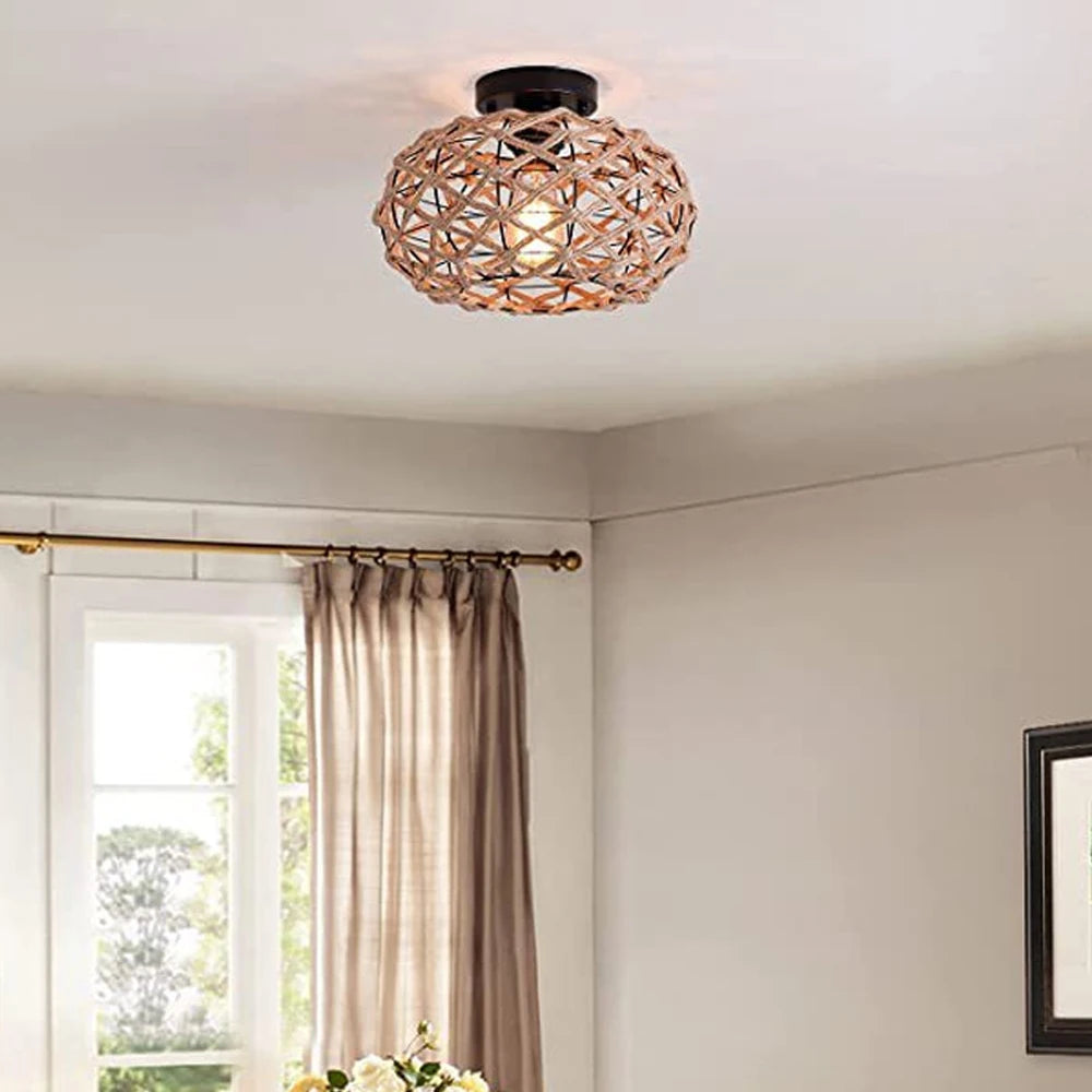 lustre de plafond en corde de chanvre fait main style industriel rétro - vue 3 sur 15