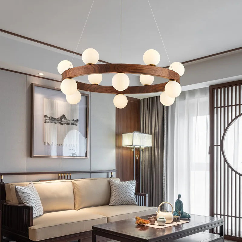 Nordique rond en bois anneau lustres salon rondin suspension lampe salle à manger cuisine chambre japonais créatif noyer suspension lumières - vue 3 sur 13