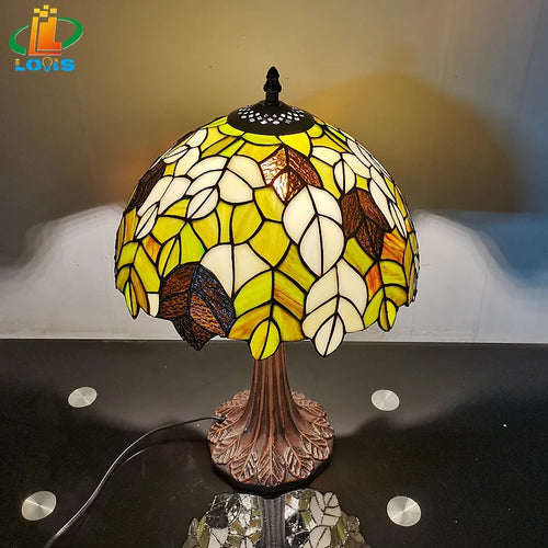 lampe à poser en verre style tiffany avec feuilles décoratives antique - vue 4 sur 6