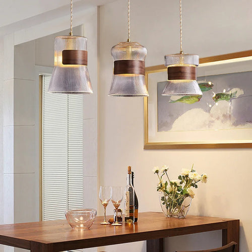 suspension moderne en verre bois et cuivre réglable - vue 4 sur 14