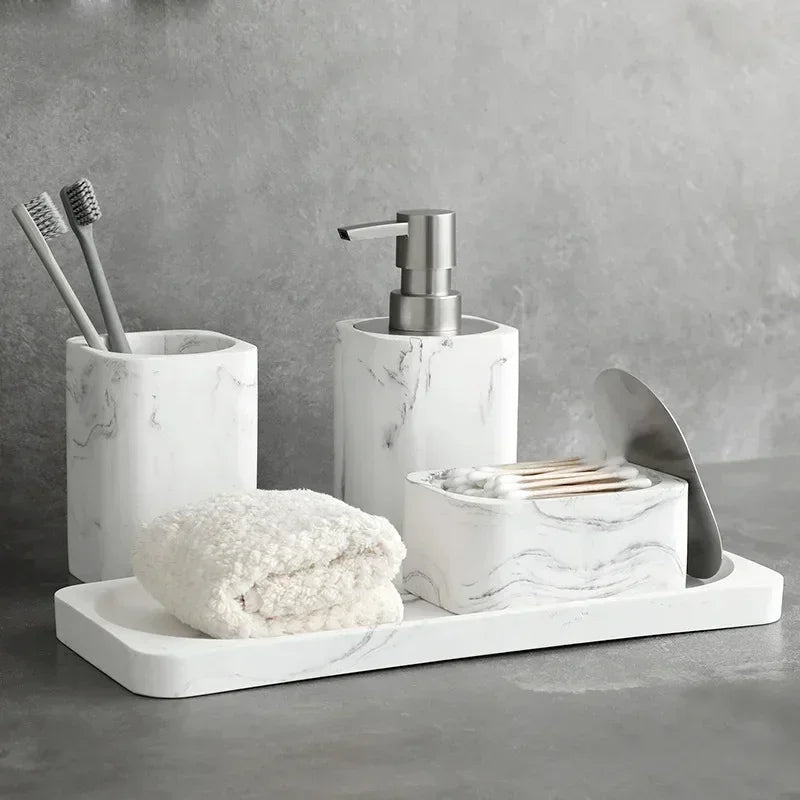 ensemble accessoires en résine et marbre pour salle de bain - vue 1 sur 12