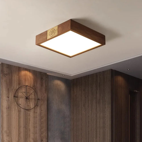 Walnut Wood Square Zen, Wabi-sabi Modern Vintage style, Ceiling light for Living Room, Bedroom, dining Room, Study Room - vue 3 sur 8