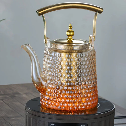 Théière japonaise verre borosilicate rétro poignée cuivre - vue 3 sur 7
